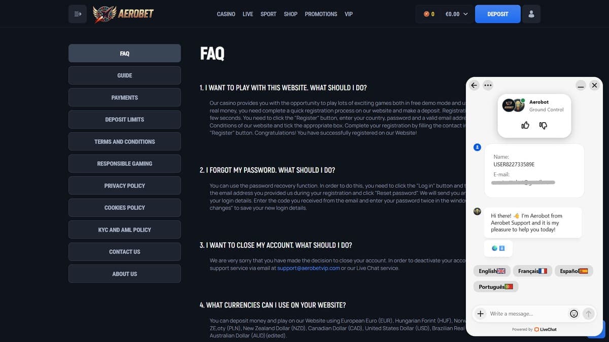 Customer Service Aerobet Casino