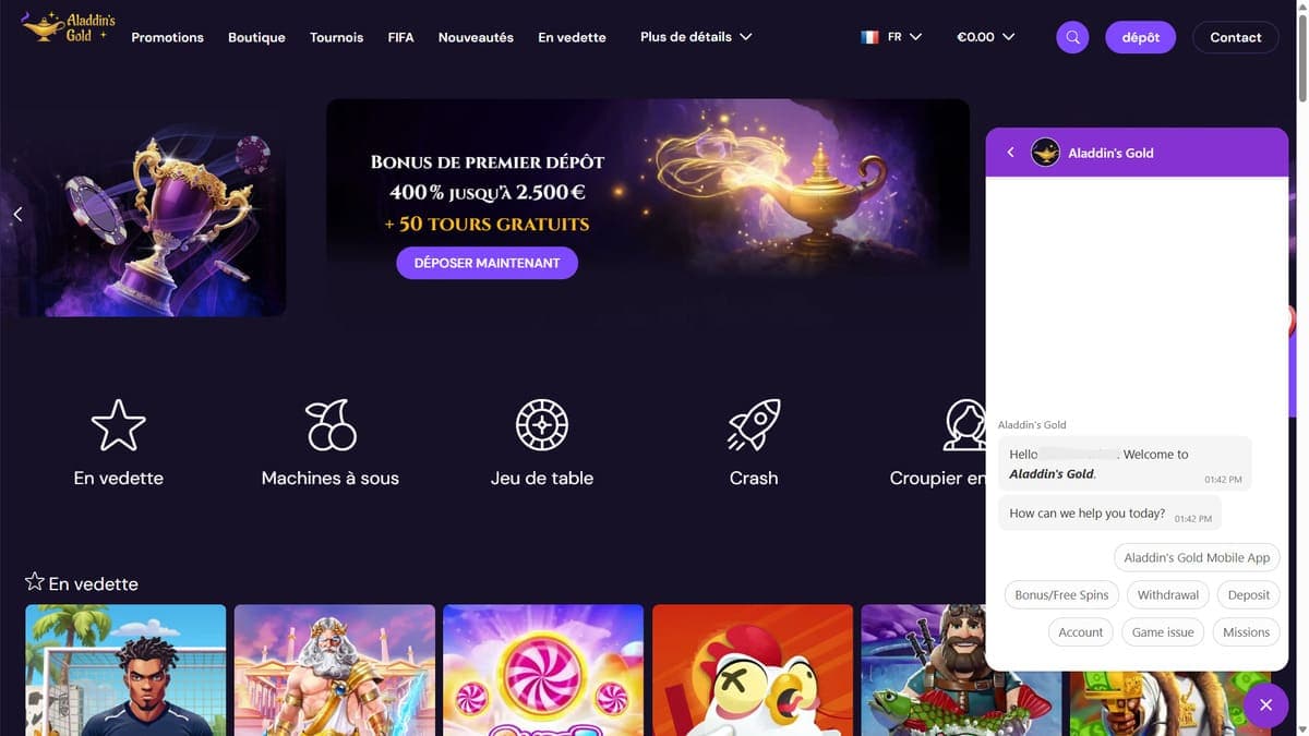 Customer support Aladdin's Gold Casino