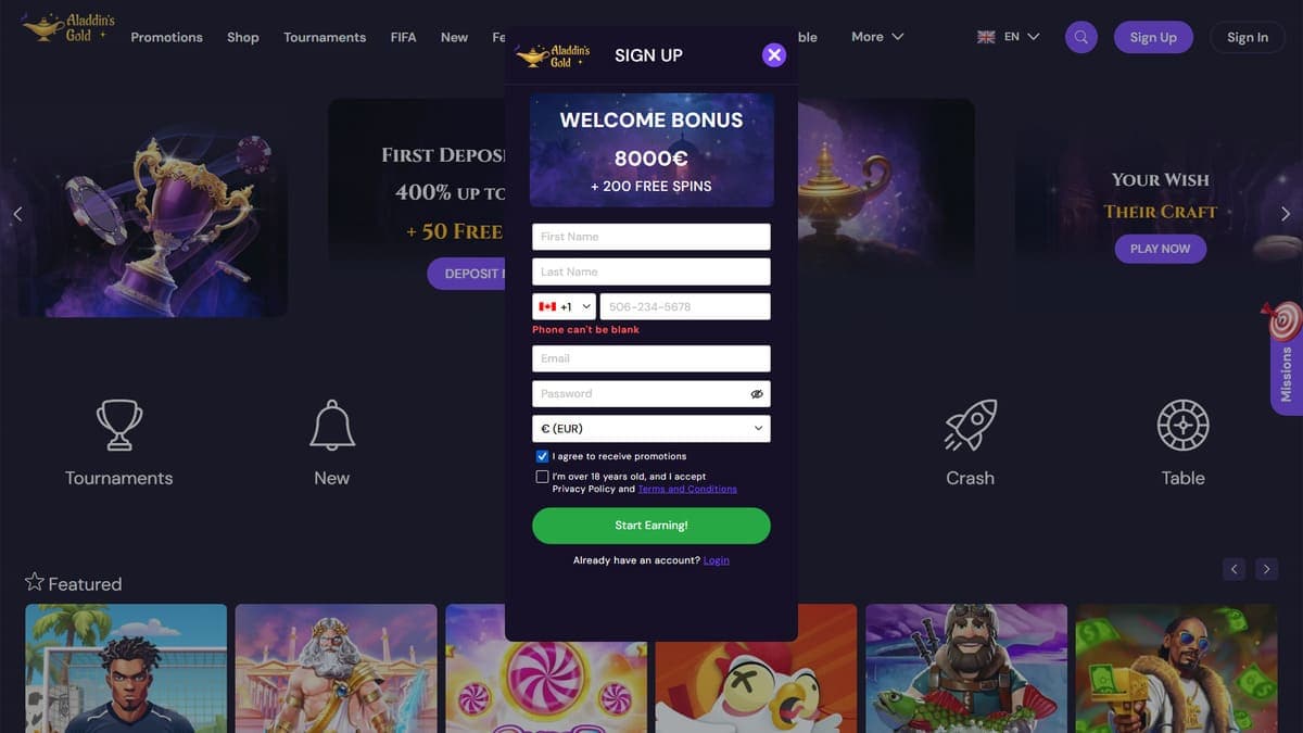 Sign up Aladdin's Gold Casino
