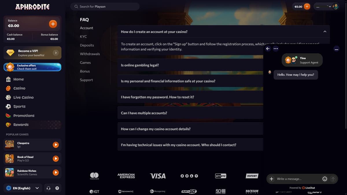 Customer service Aphrodite Casino