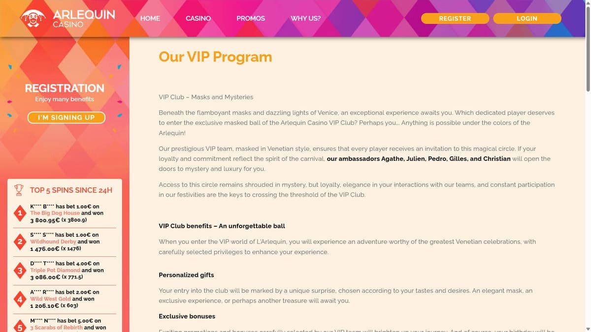 VIP programme Arlequin Casino