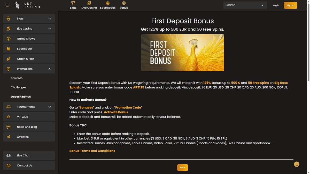 First deposit bonus Art Casino