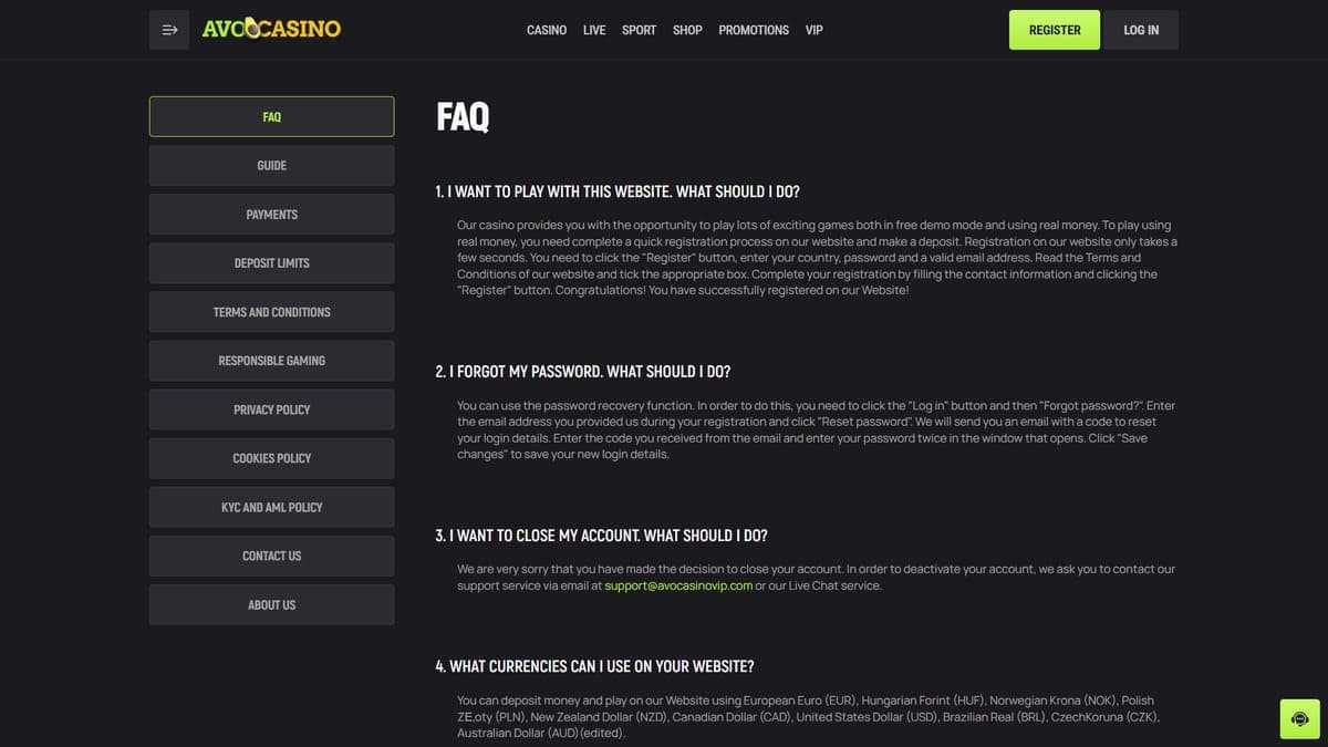 FAQ Avocasino Casino