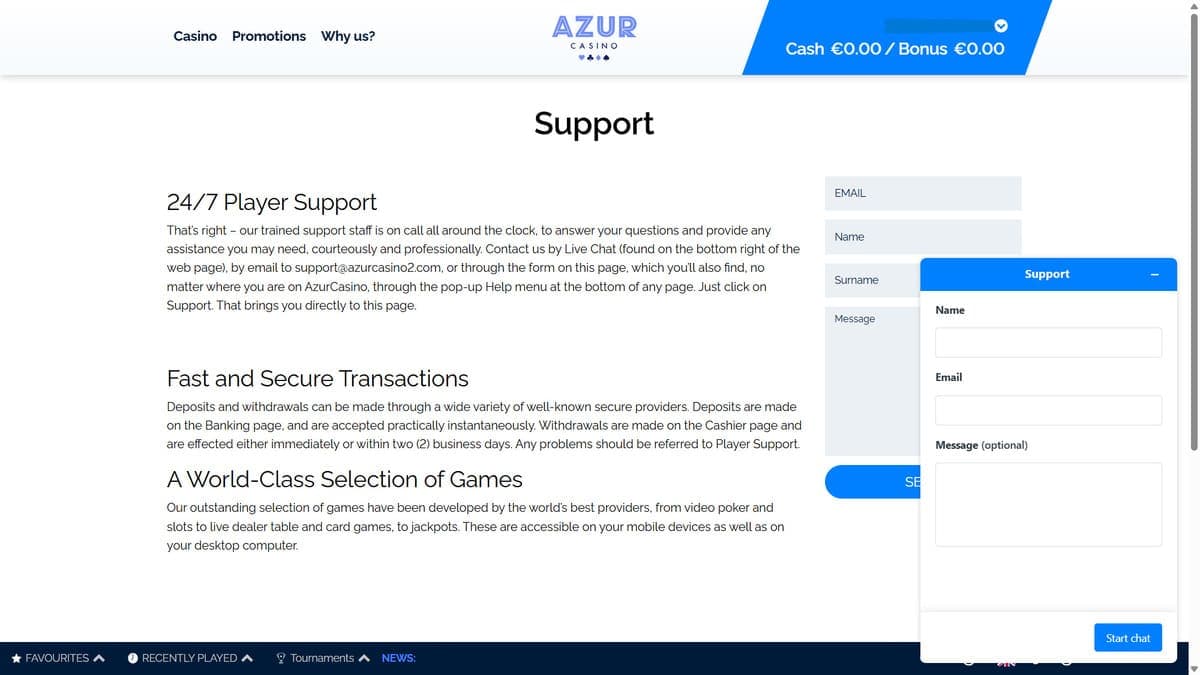 Customer service Azur Casino