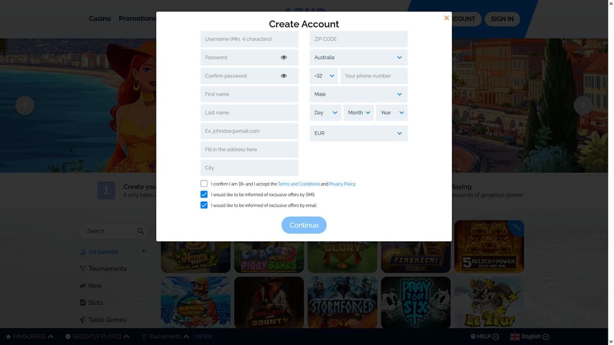Registration Azur Casino