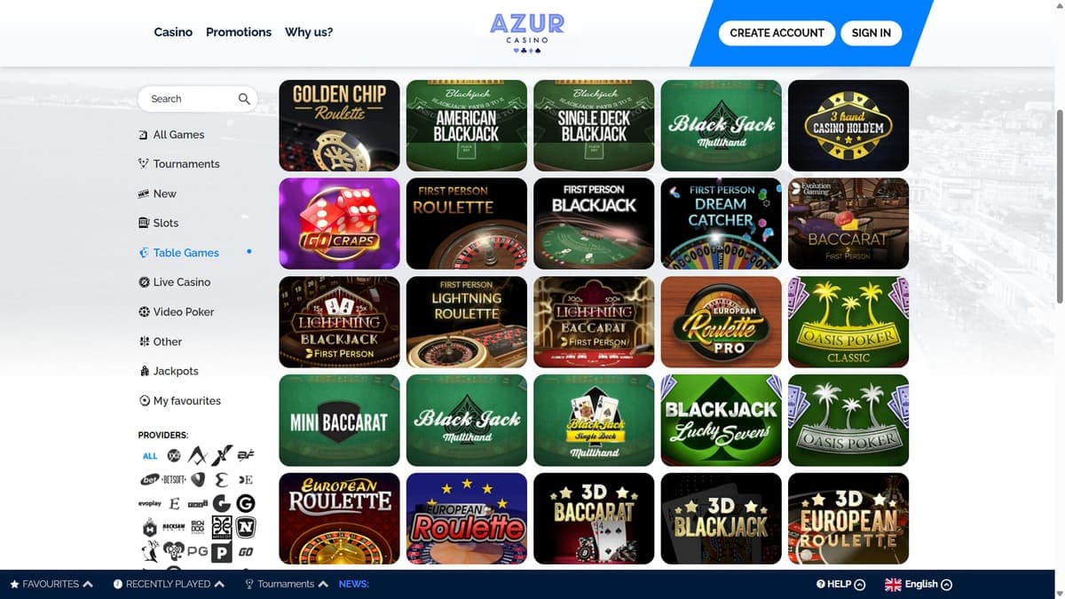 Table games Azur Casino