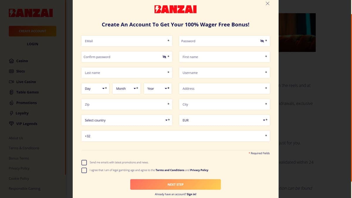 Account creation Banzai Casino