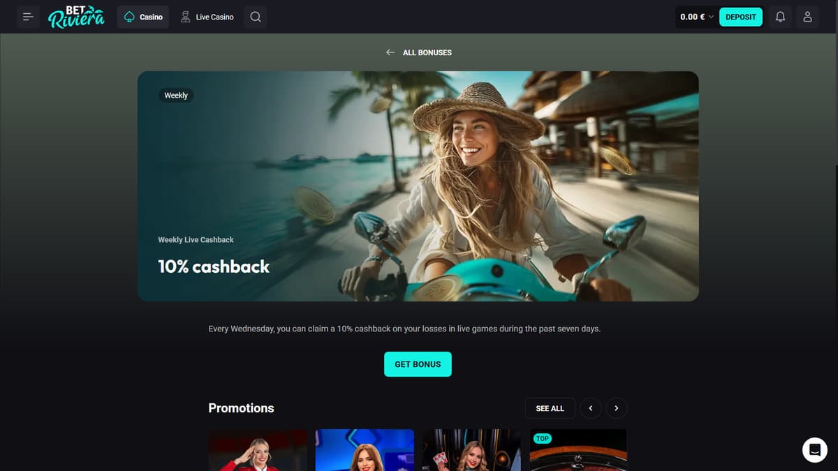 Weekly live cashback Bet Riviera Casino