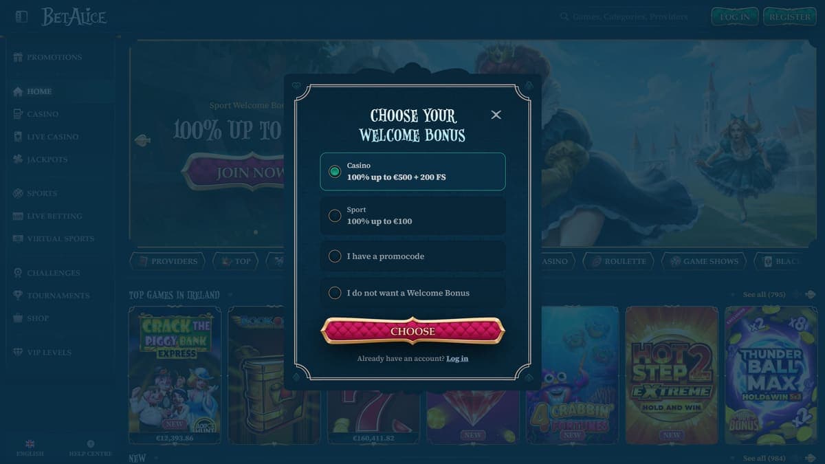 Welcome bonus choice BetAlice Casino