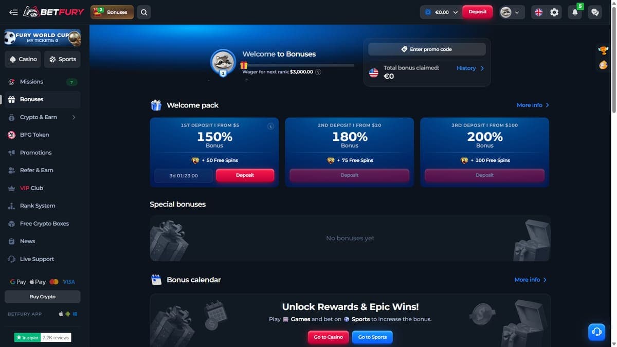 Bonus page Betfury casino