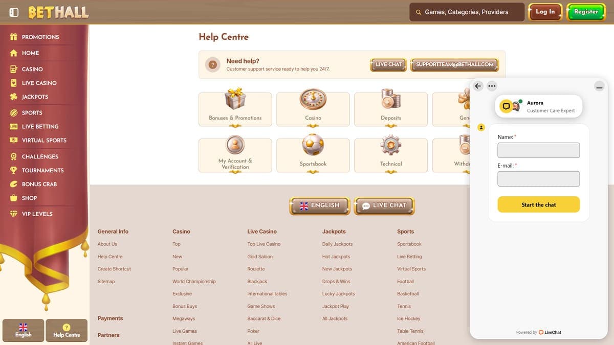 Help centre BetHall Casino