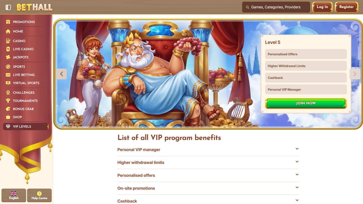 VIP levels BetHall Casino