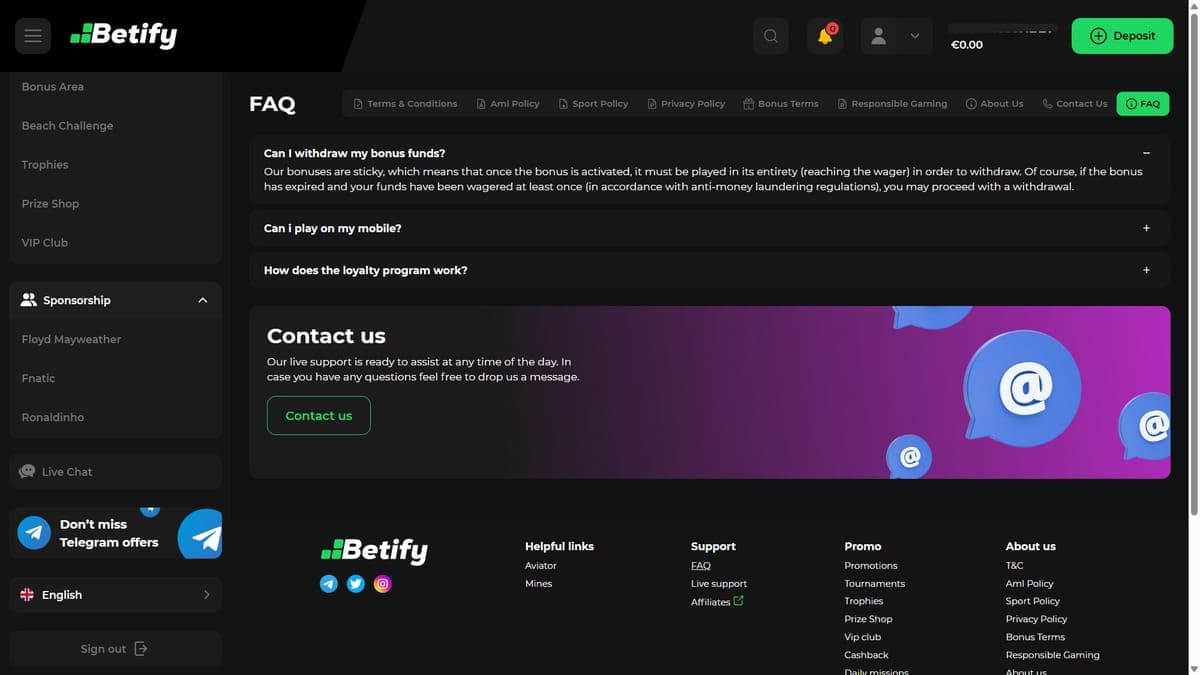 Customer service Betify Casino