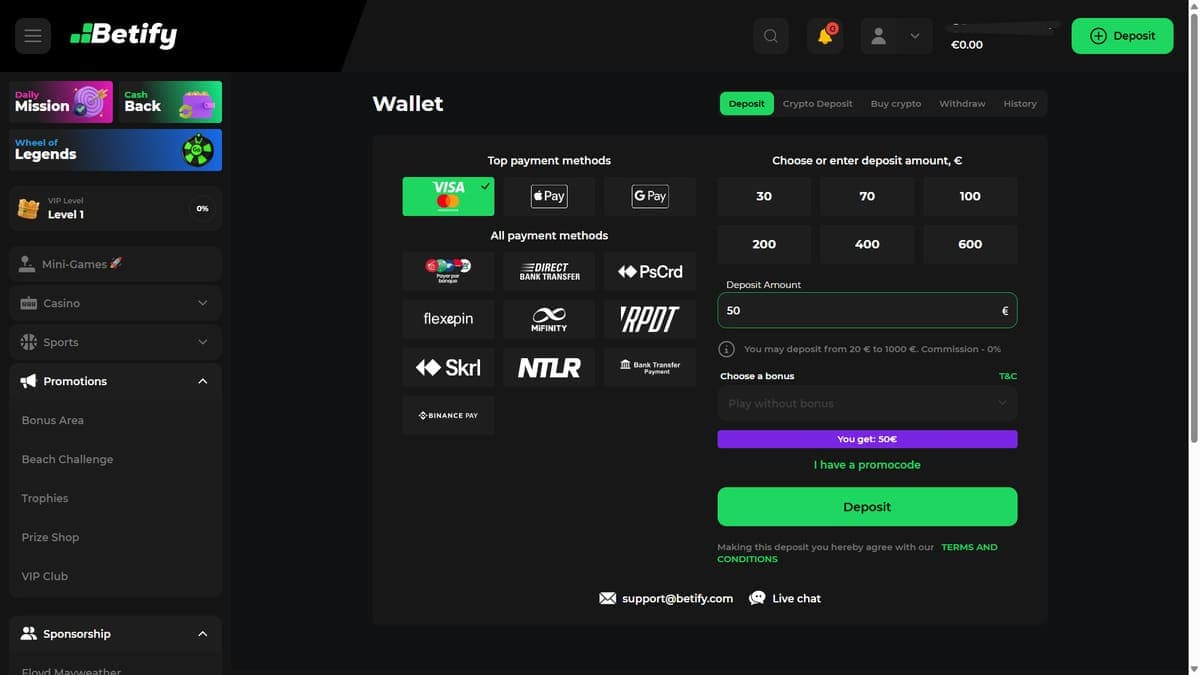 Deposit Betify Casino