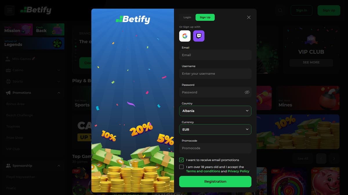 Registration Betify Casino