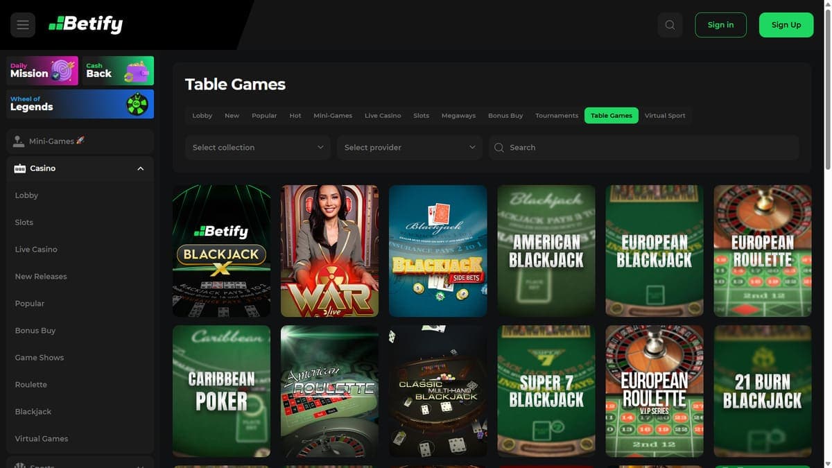 Table games Betify Casino