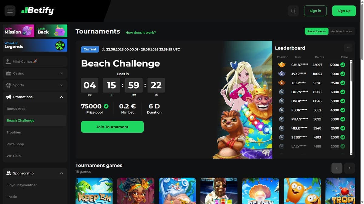 Tournaments Betify Casino