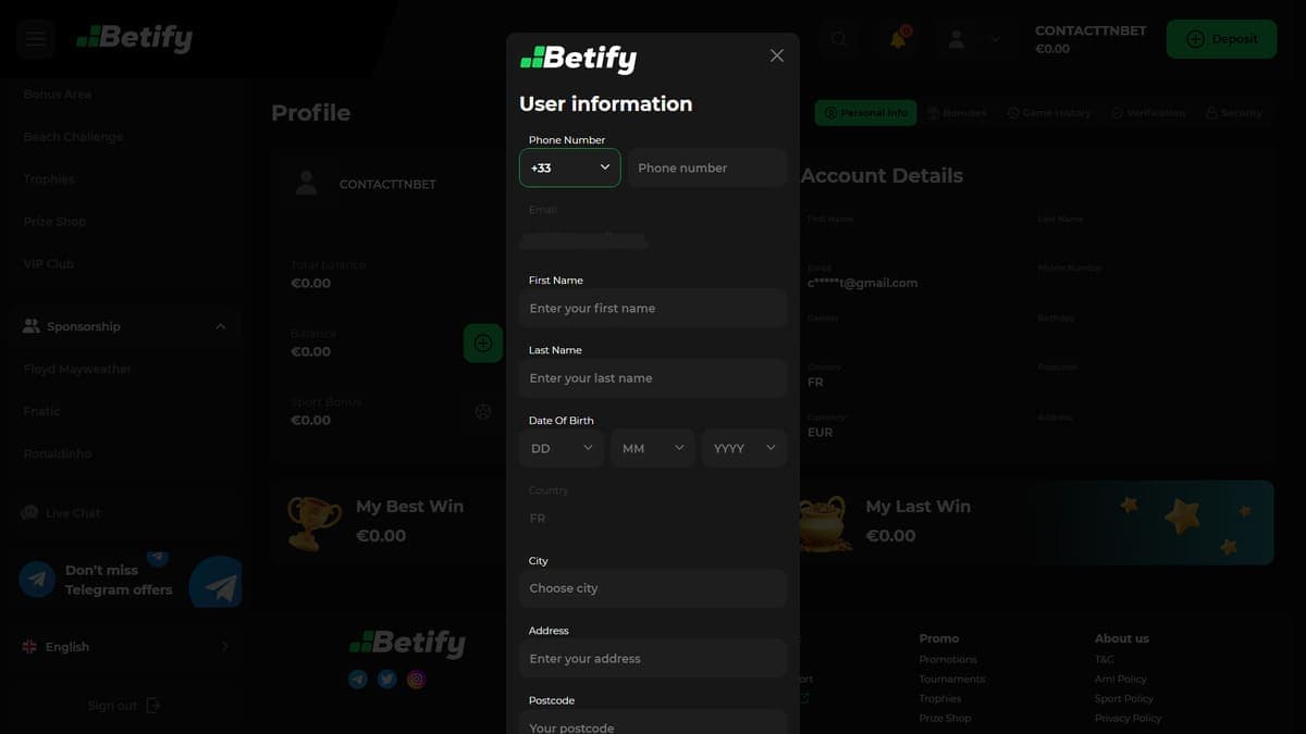 Account verification Betify Casino