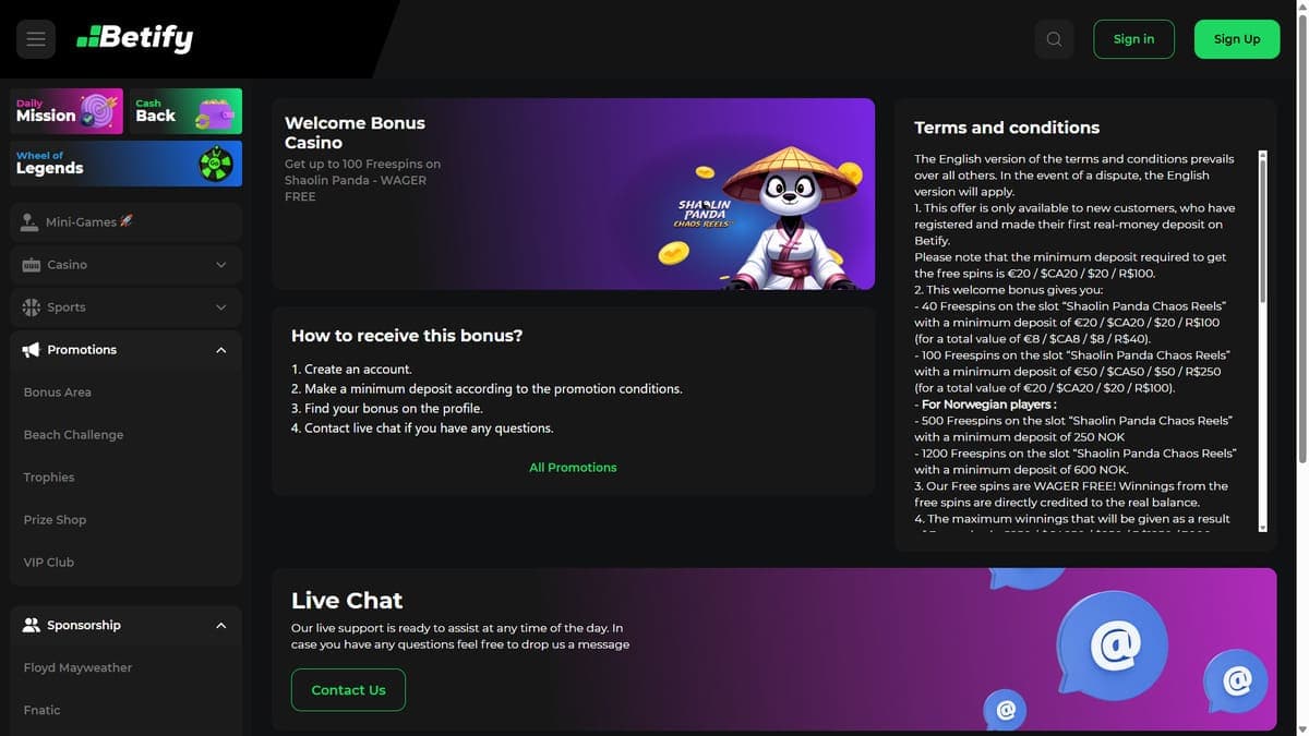 Welcome bonus Betify Casino