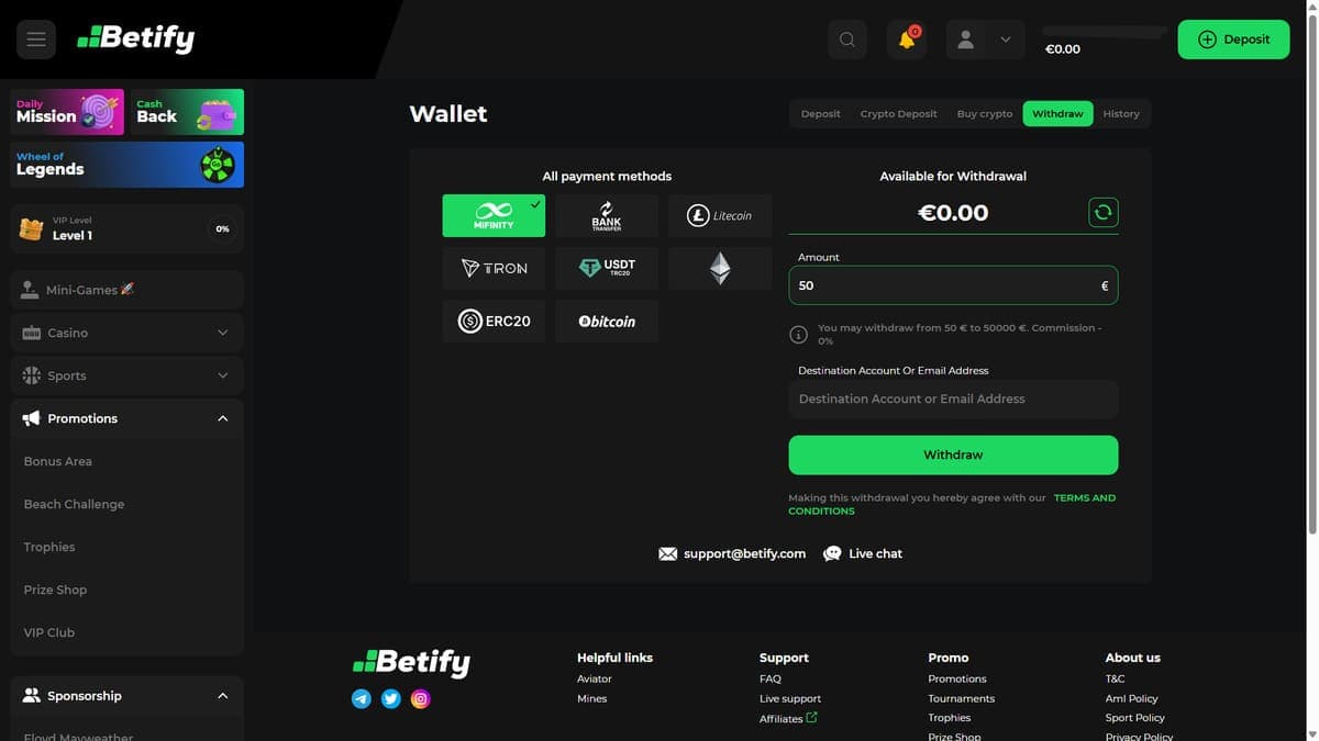 Withdrawal Betify Casino