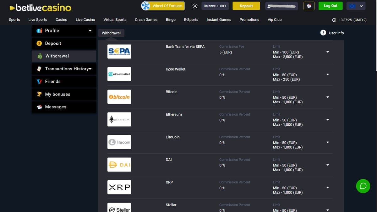 Withdrawal BetLive Casino