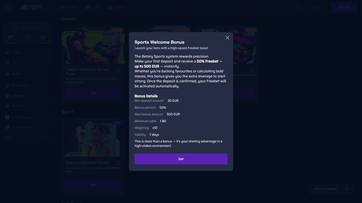 Sport welcome bonus Betory Casino