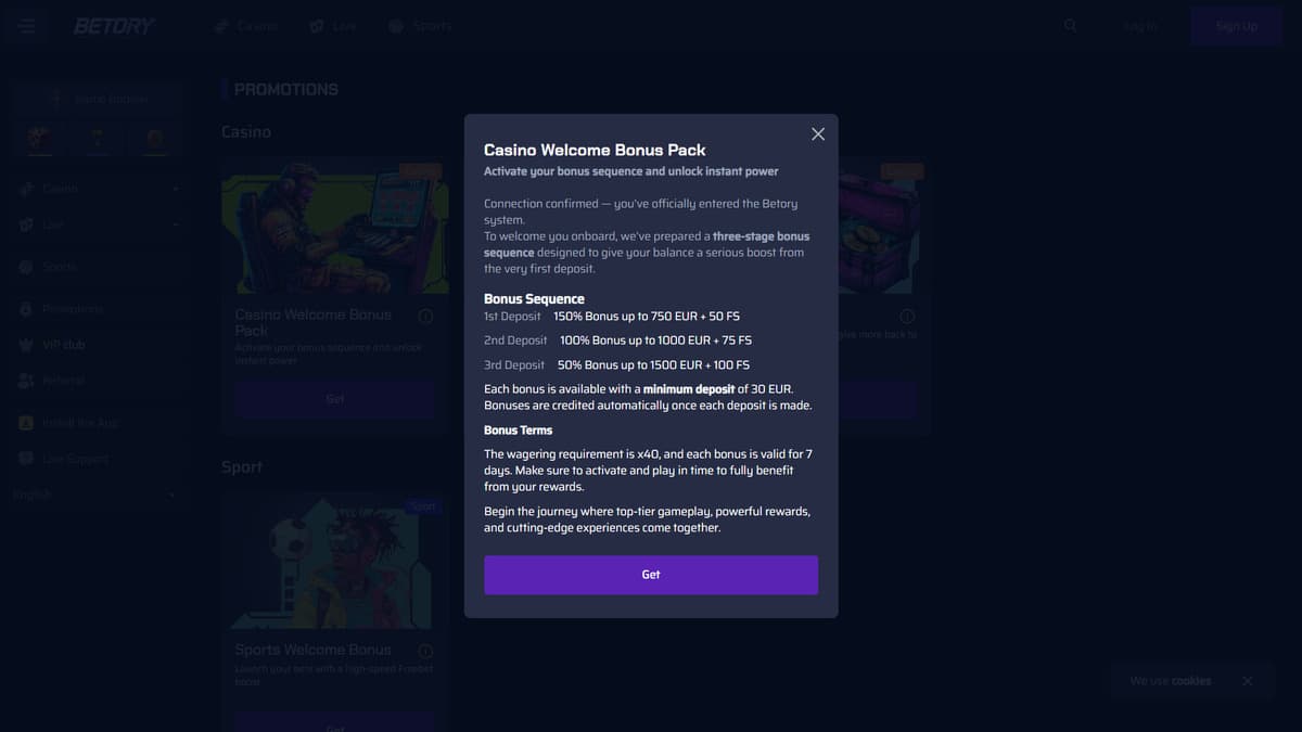 Welcome bonus Betory Casino