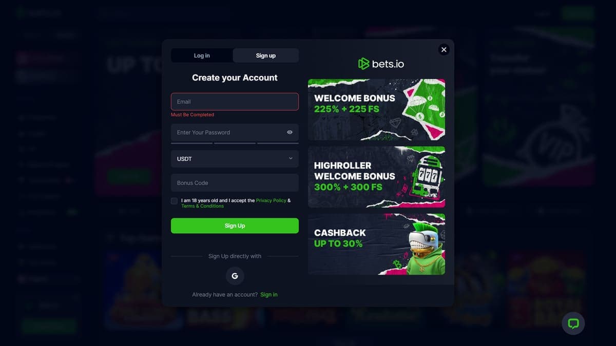 Registration Bet.io Casino