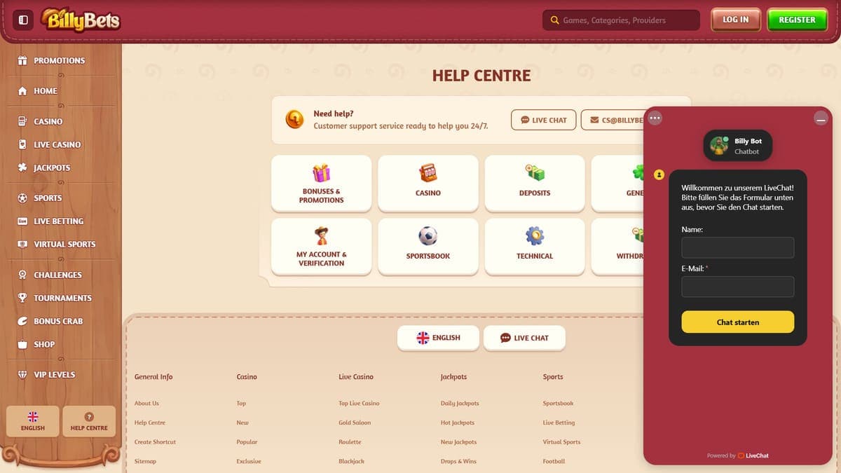 Help centre BillyBets Casino