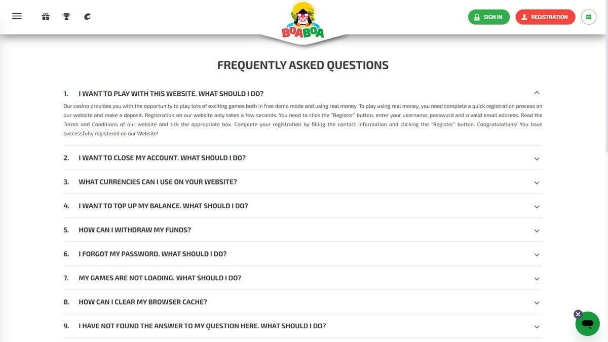 FAQ Boaboa Casino