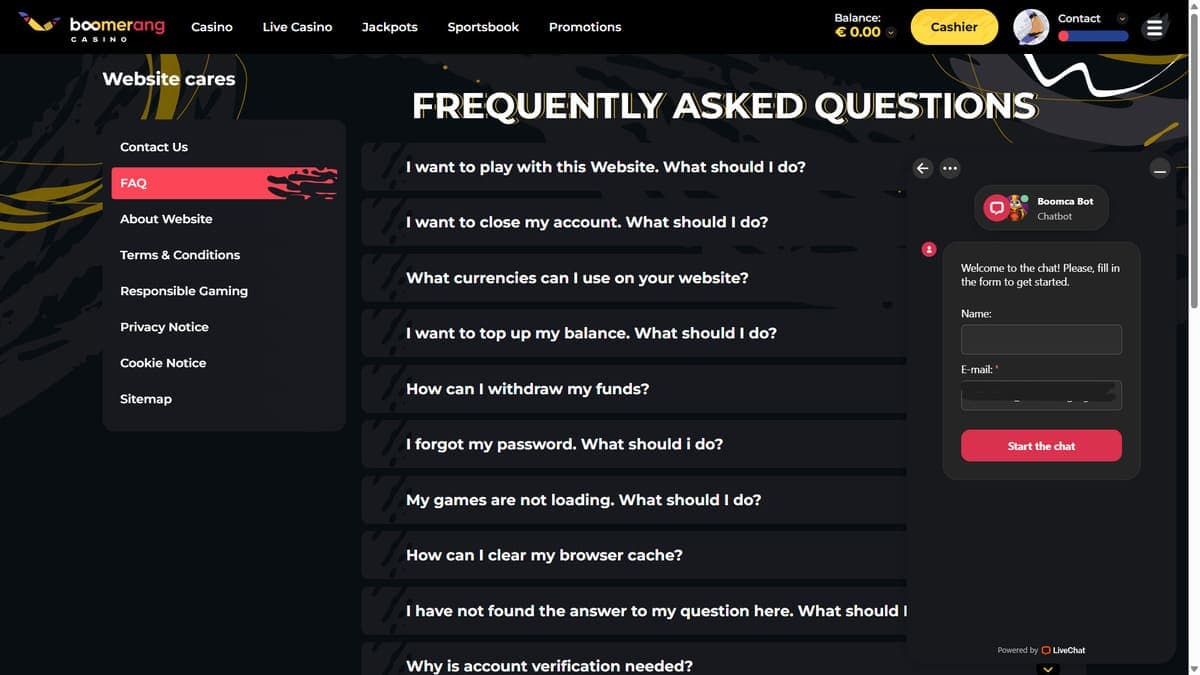Customer service Boomerang Casino