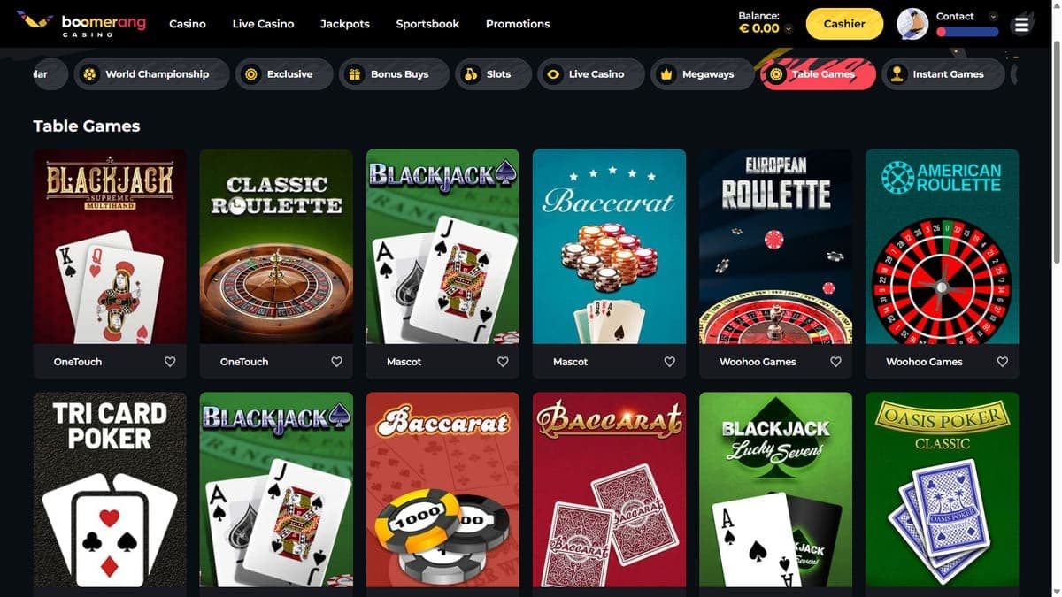 Table games Boomerang Casino
