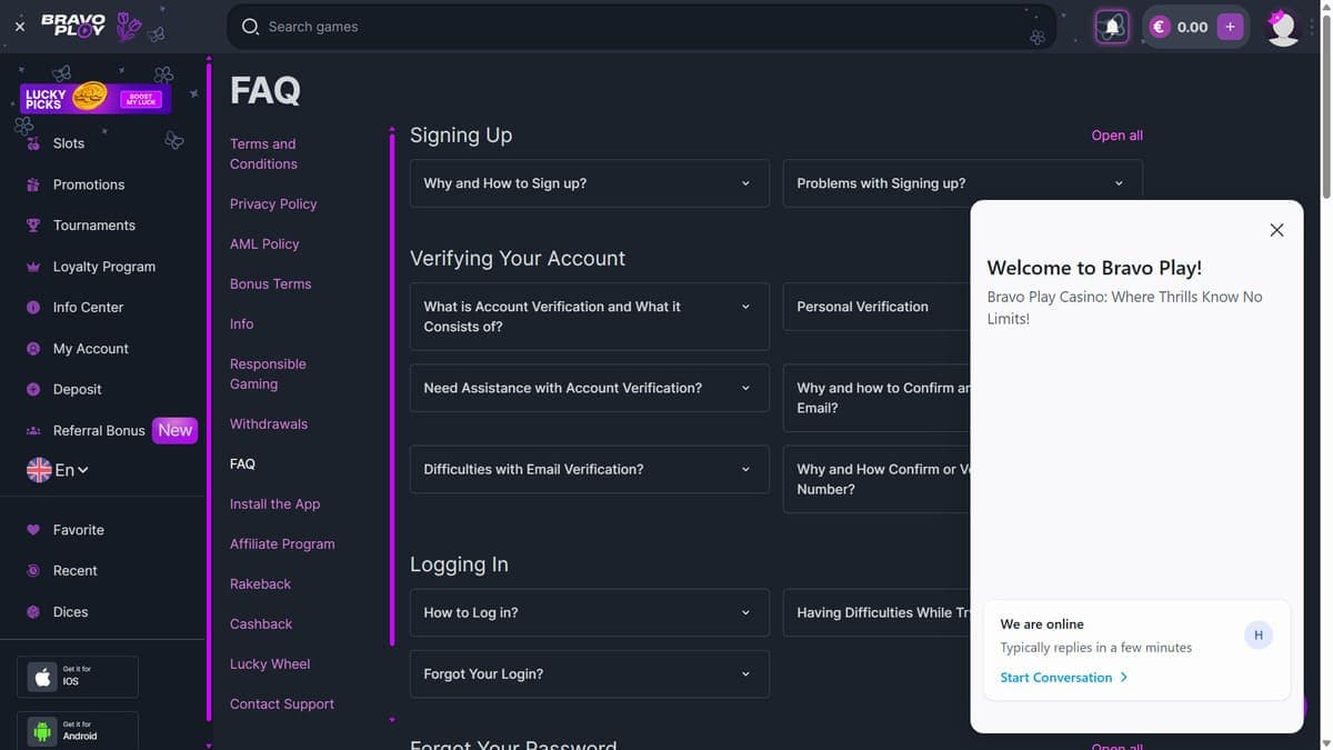 Customer support BravoPlay Casino