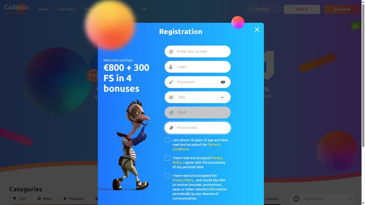 Registration Cadoola Casino