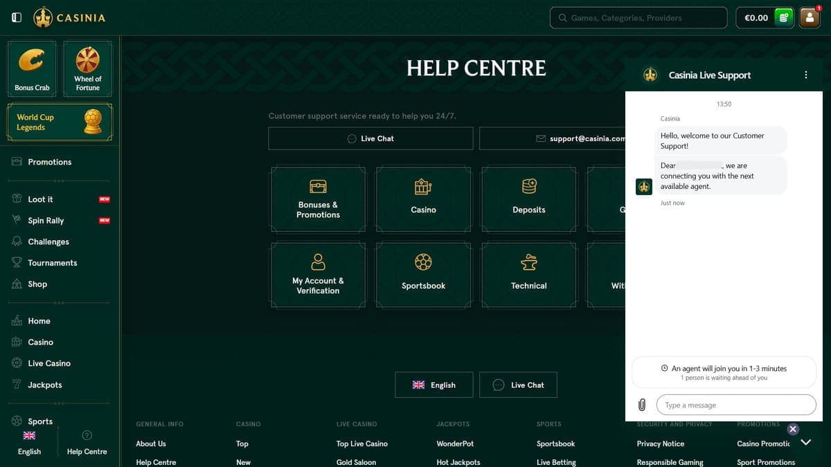 Customer service Casinia Casino