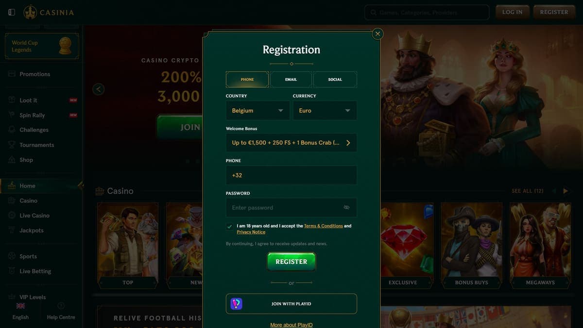 Registration Casinia Casino