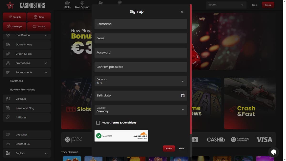 Registration Casinostars Casino