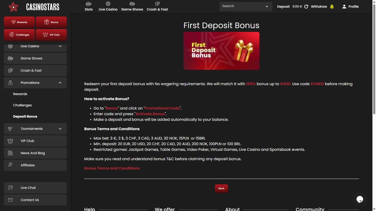 Welcome bonus Casinostars Casino