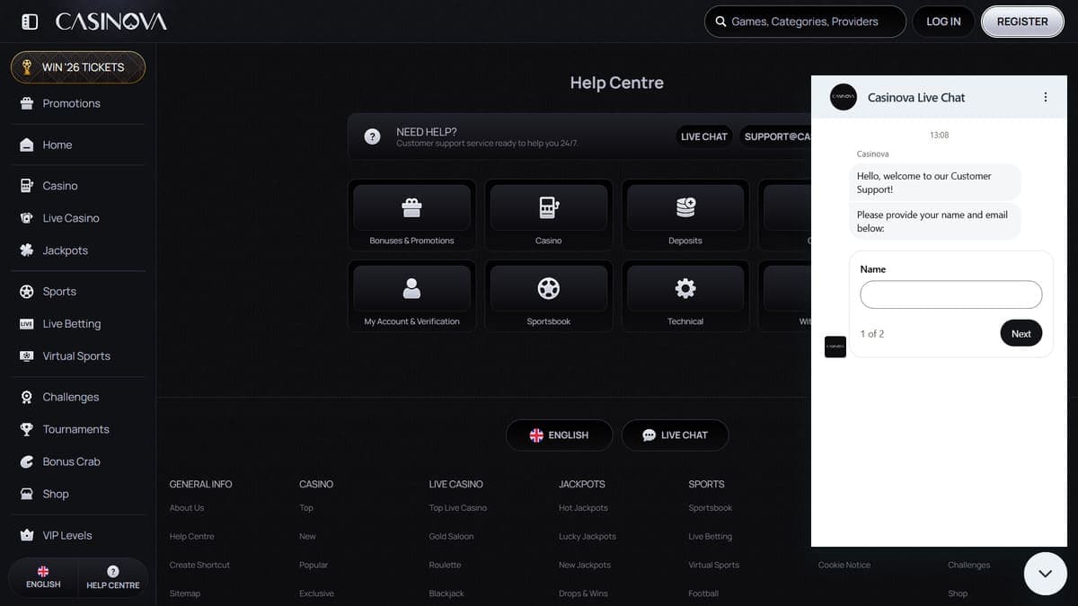 Help centre Casinova Casino
