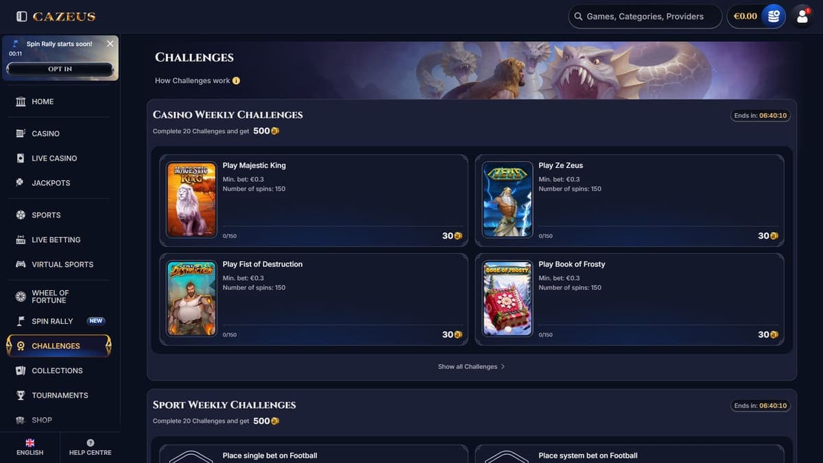 Challenges Cazeus Casino