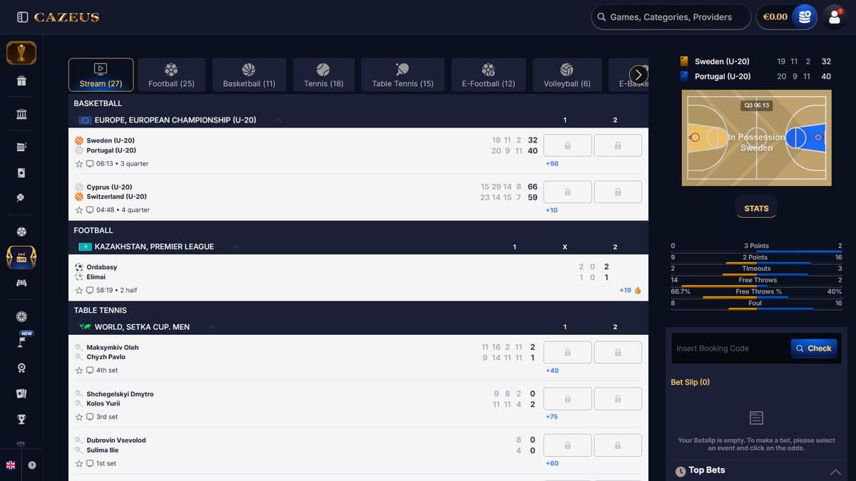 Live betting Cazeus Casino