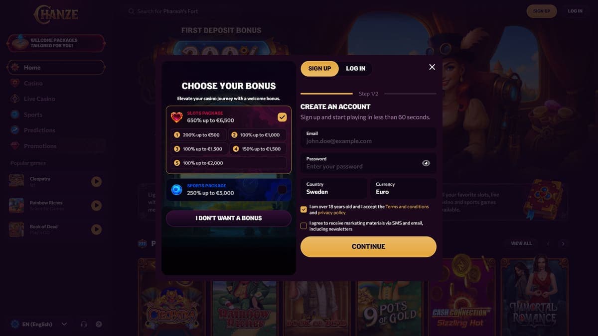 Sign up Chanze Casino