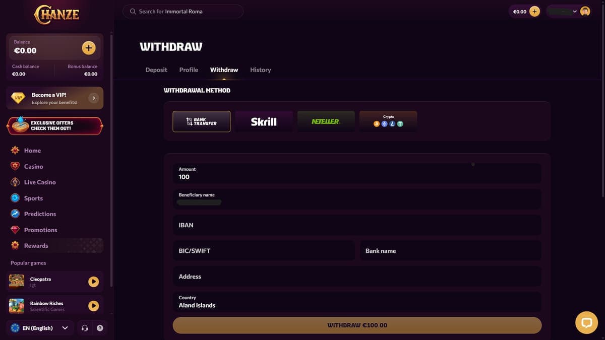 Withdrawal Chanze Casino
