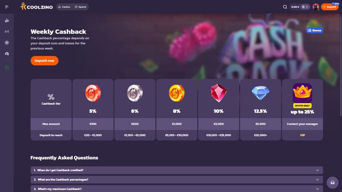 Weekly cashback Coolzino Casino