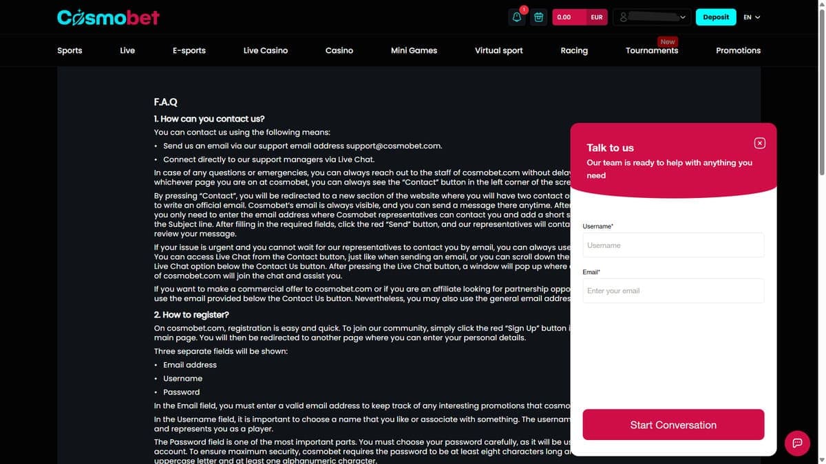 Customer service Cosmobet Casino