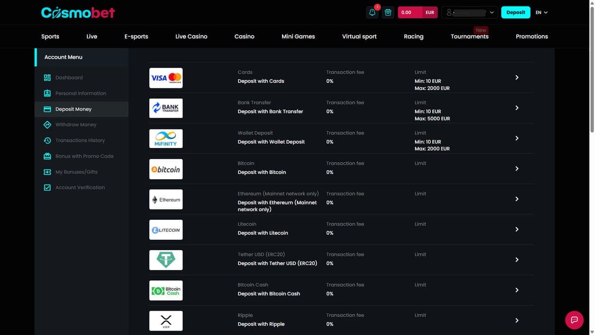 Deposit Cosmobet Casino
