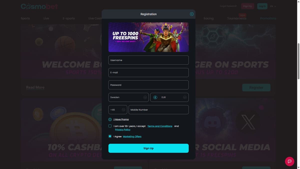 Registration Cosmobet Casino