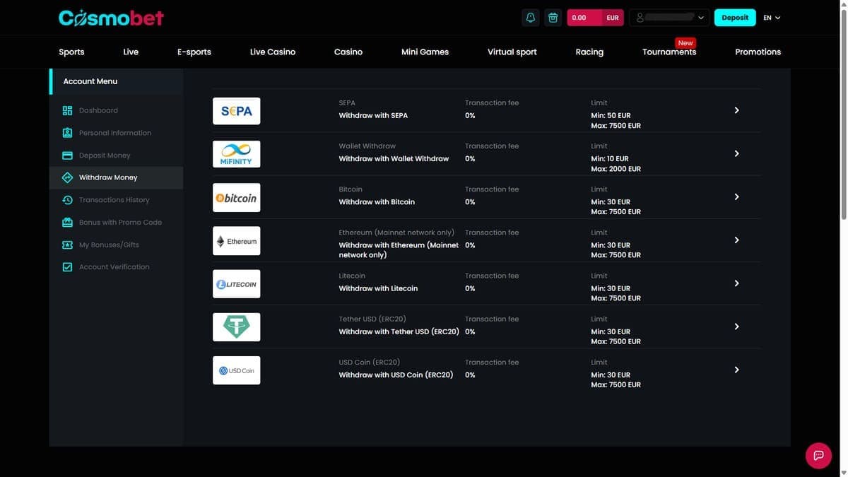Withdrawal Cosmobet Casino
