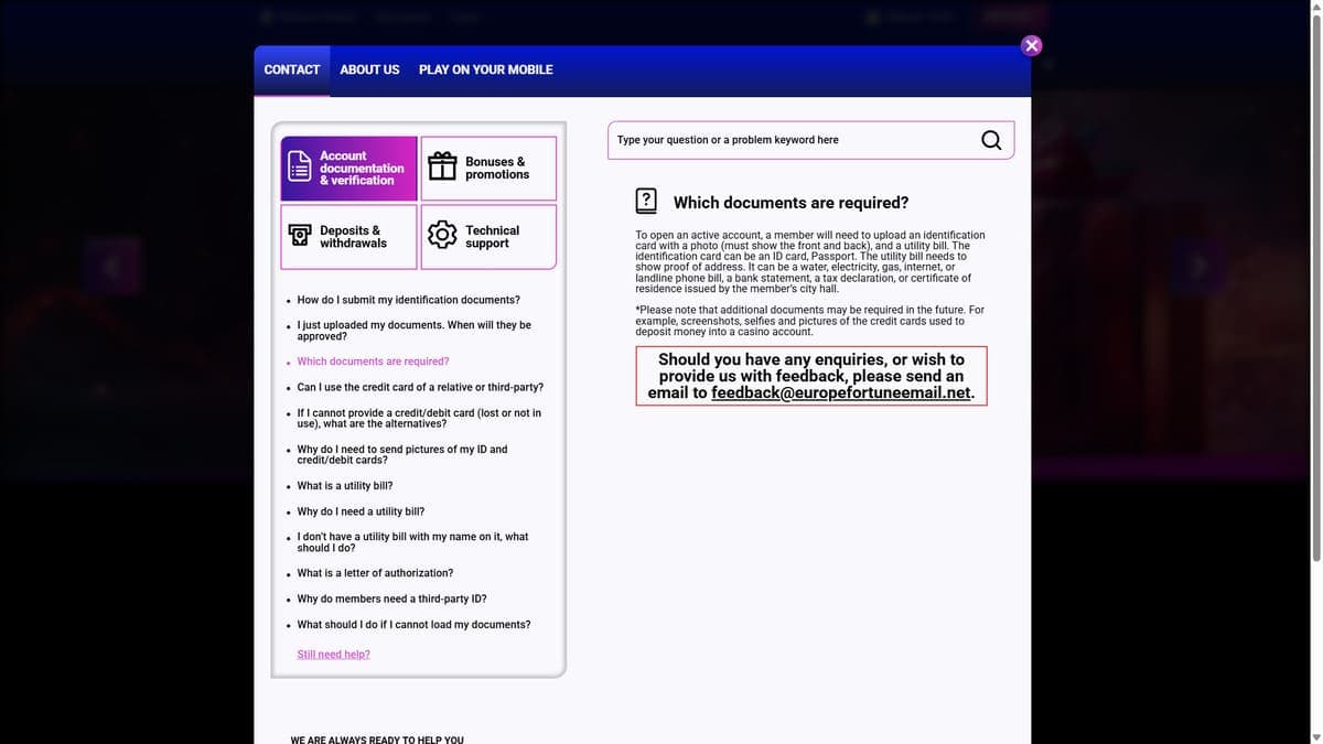 Customer service Europe Fortune Casino