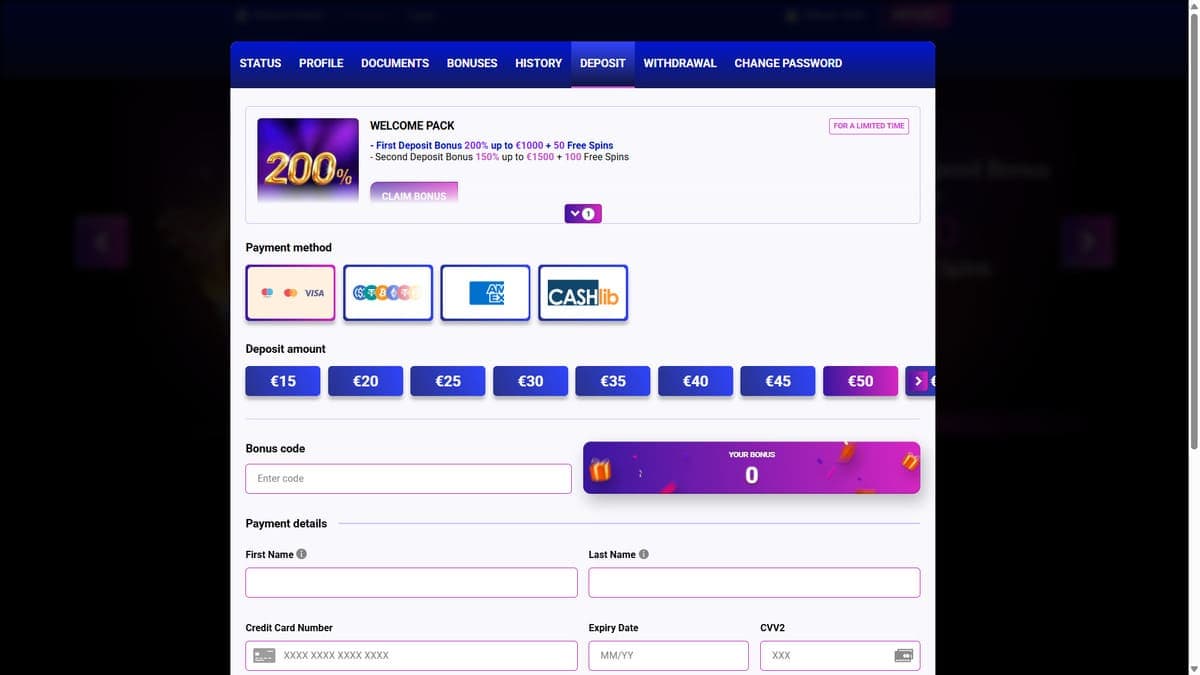 Payment methods Europe Fortune Casino